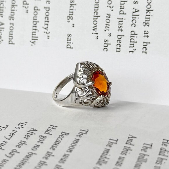 Vintage Kabana Sterling Silver Filigree Ring w/ Orange Gemstone, Size 7 - Picture 4 of 4